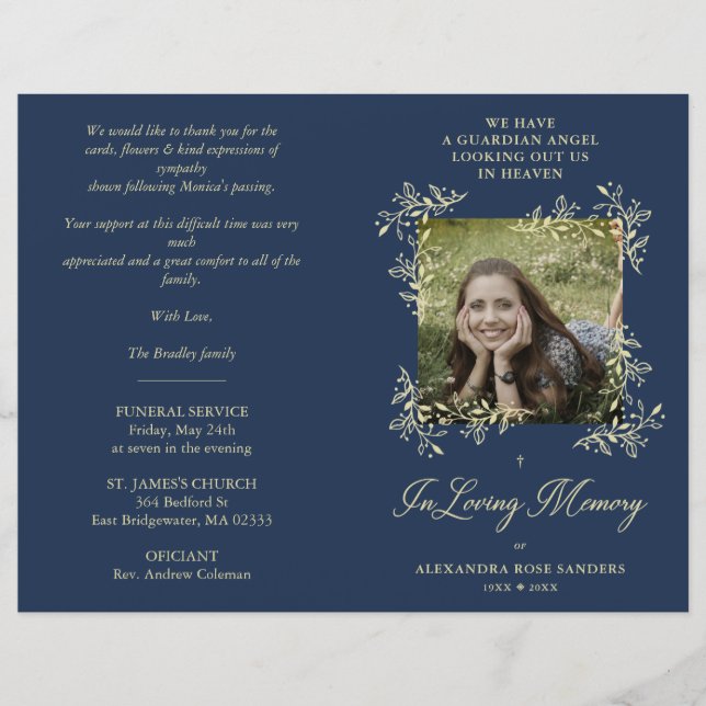 Navy Hand Lettered Chic Flourish Funeral Memorial (Frente)
