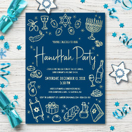 Navy Hanukkah Hand Drawn Doodles Party Real Gold