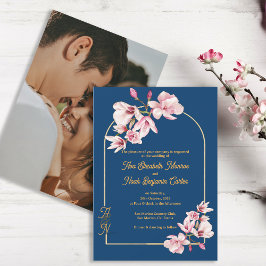 Navy Magnolia Floral Photo Wedding Invitation