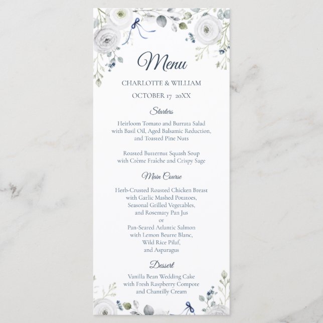 Navy Silver Watercolor Floral Wedding Menu (Frente)
