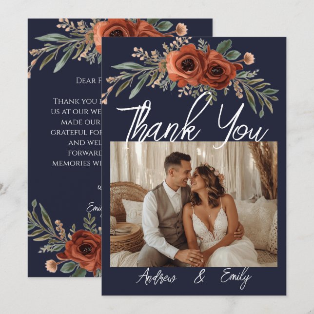 Navy Terracota Floral Boho Casamento Agradecimento (Frente/Verso)