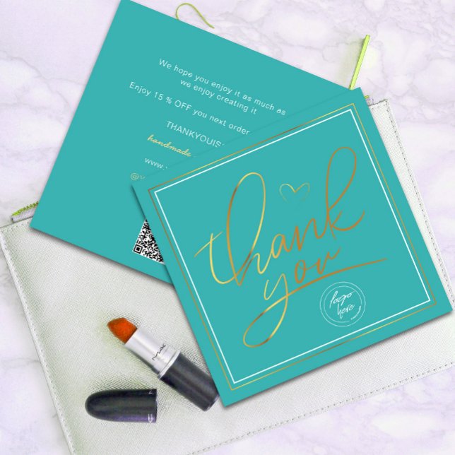 Negócios Obrigado Turquesa Elegante e Dourada (Professional Business Thank You Elegant turquois Gold Card. Send and extra special THANK YOU message)