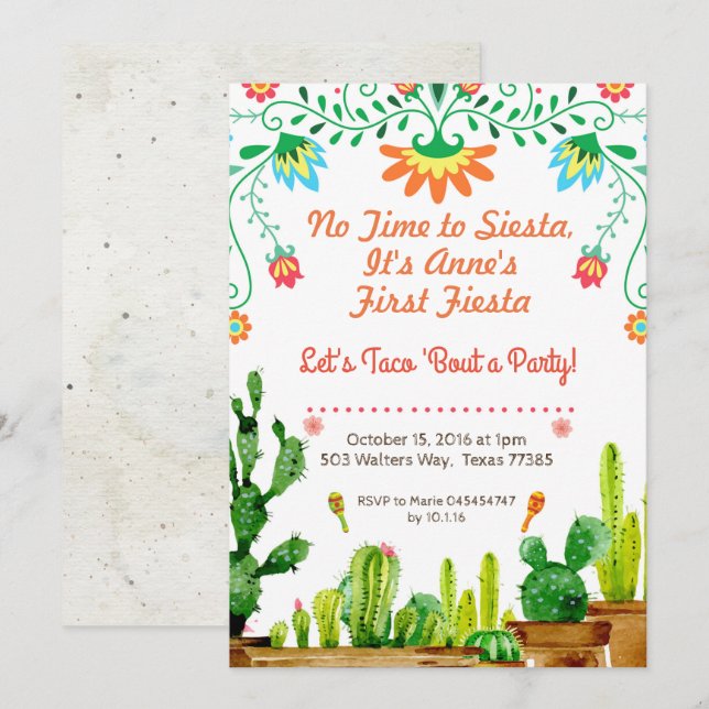 Nenhuma hora ao convite do aniversário do Siesta (Frente/Verso)