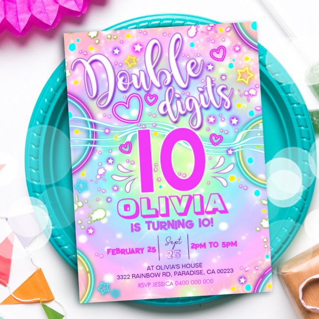 Neon 10th Birthday Convite Duplos Dígitos (Neon Double Digits 10th Birthday Invitation)