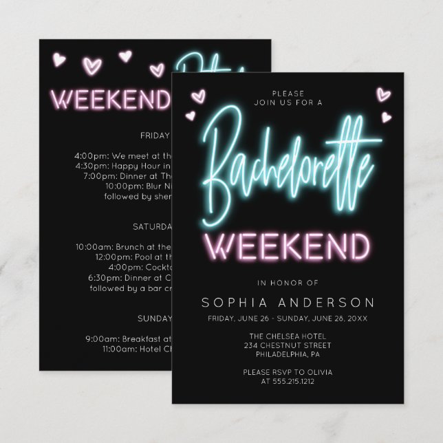 Neon Bachelorette Weekend Convite Itinerário (Frente/Verso)