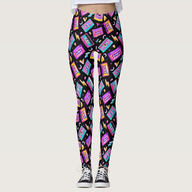 Neon & Black Trendy anos 80 Cassette Music Legging (Frente)
