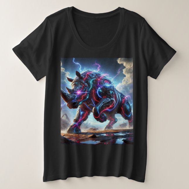 Neon Cyber Rhino Batalha de Tee Design de Camisa d (Frente do Design)