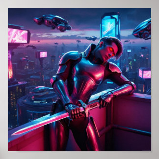 Neon Cyber Warrior Poster - Futurística Sci-Fi