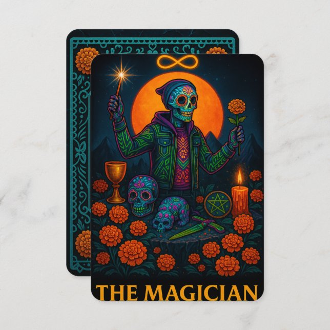 Neon Dia de los Muertos O Cartão Tarot Mágico (Frente/Verso)