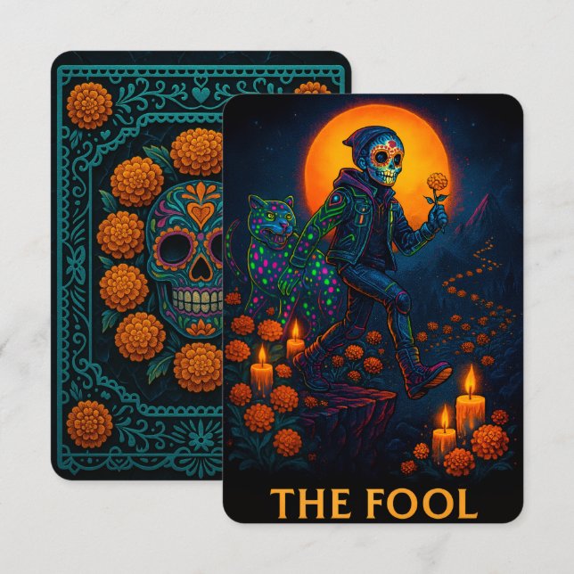 Neon Dia de los Muertos The Fool Tarot Card (Frente/Verso)