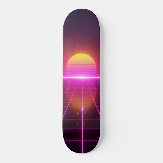 Neon Grid Pôr do Sol Synthwave Skateboard (Frente)