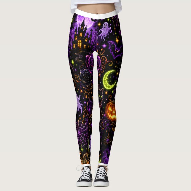 Neon Halloween Black Cat and Ghost Leggings (Frente)