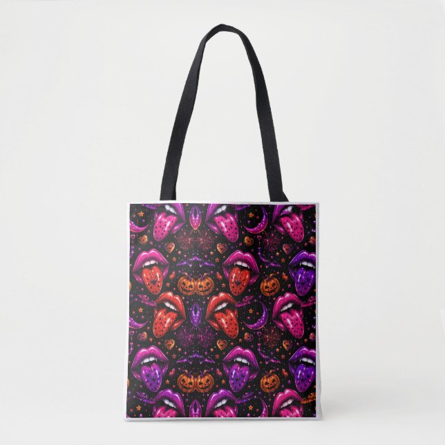 Neon Halloween Lips and Tongue Tote Bag (Frente)