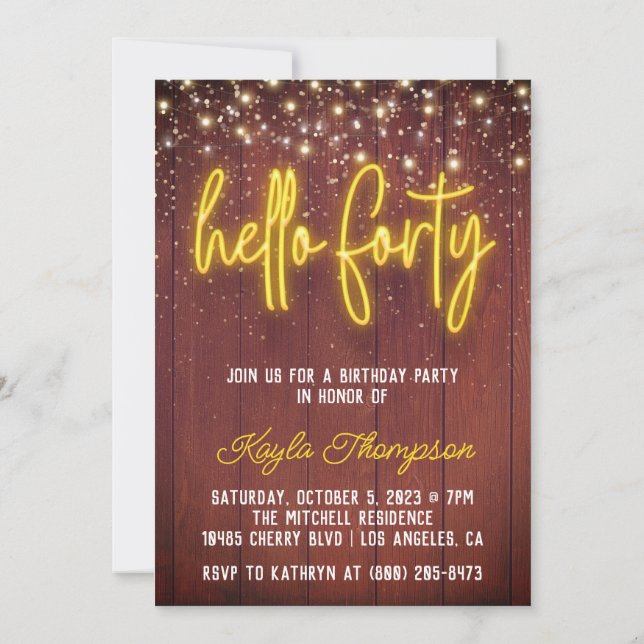 Neon Hello Quarty Wooden Birthday Convite (Verso)