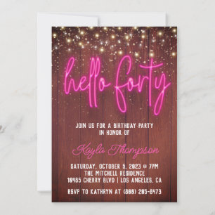 Neon Hello Quarty Wooden Birthday Convite