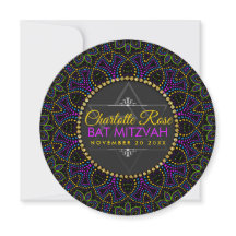 Neon Mandala Groovy Bat Mitzvah Round Convite