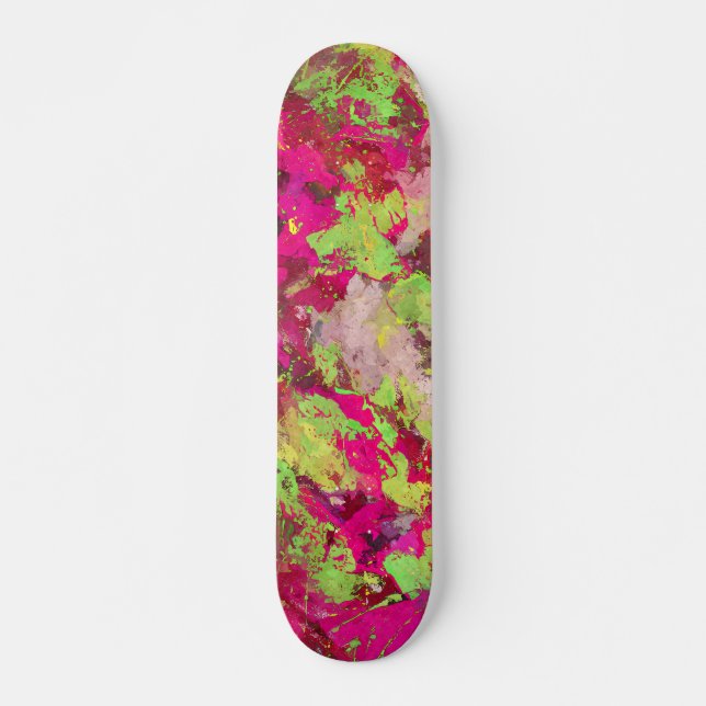 Neon Pink Green Grunge Splatter Skateboard (Frente)