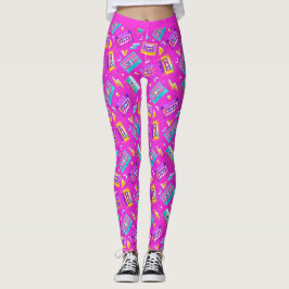 Neon Pink Trendy anos 80 Cassette Music Leggings