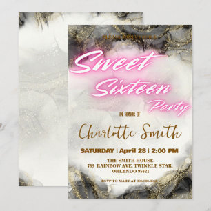 Néon rosa Elegante retro Dourado Sweet 16º Anivers