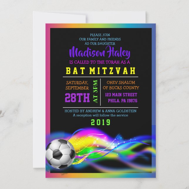NEON SOCCER GIRLS Bat Mitzvah Convite (Frente)