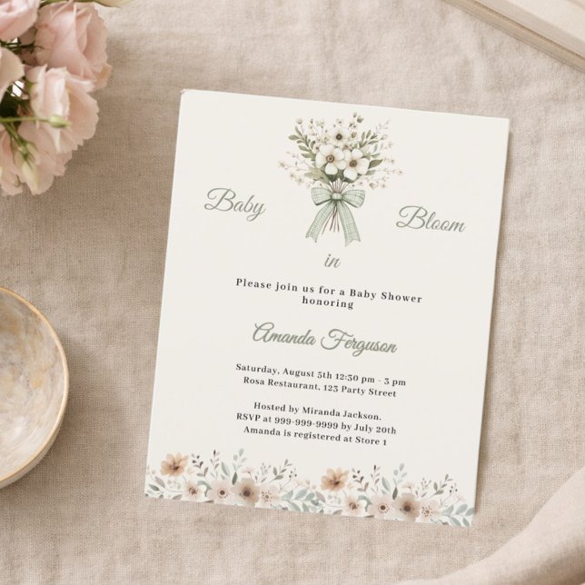 Neutral florals green bloom Baby Shower invitation (Criador carregado)