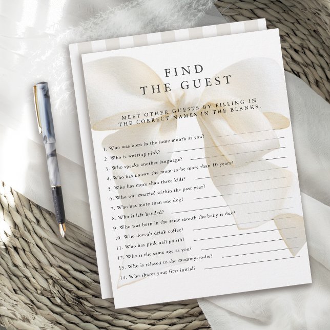 Neutral Ivory Bow Baby Shower Game Find the Guest (Criador carregado)