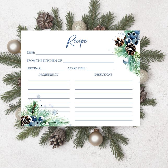 Neve apaixonada Cartão de receitas de chá de panel (Snow in love winter bridal shower recipe card snowy pines with pine cones and winter berries)