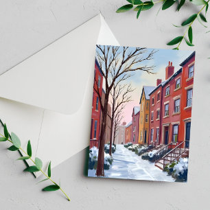 Neve na Cidade   Cartão de Pintura em Aquarela de 