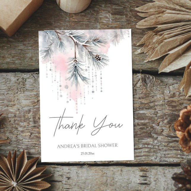 Neve no modelo de chá de panela de inverno do amor (Snow in love winter bridal shower template thank you card watercolor pastel snowy pines and crystals)