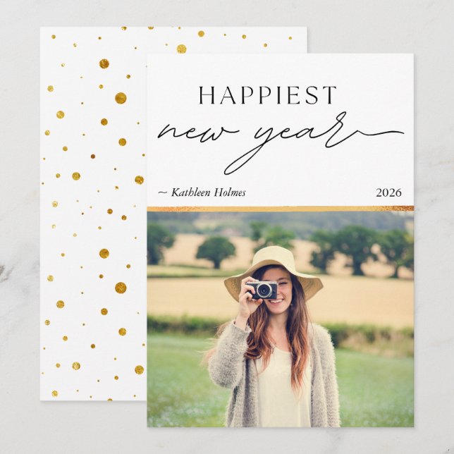 New Year Gold Photo Simple Holiday Card (Frente/Verso)