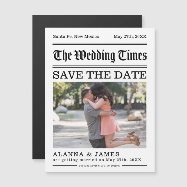 Newspaper Headline Photo Save the Date Magnet (Frente/Verso)