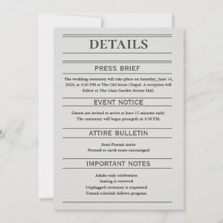 Newspaper-Style Wedding Details Card
