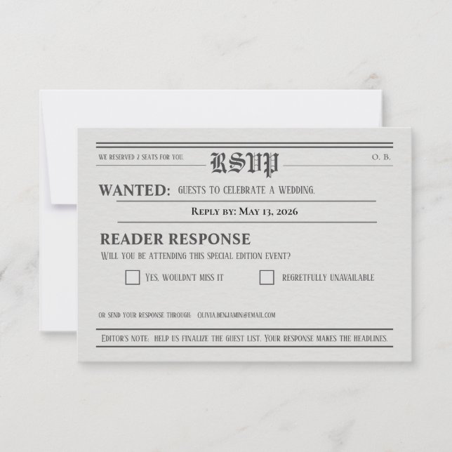 Newspaper-Style Wedding RSVP Response card (Frente)