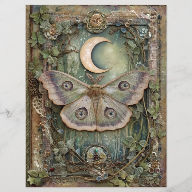 Night Moon Moth Junk Journal Scrapbook Paper (Frente)