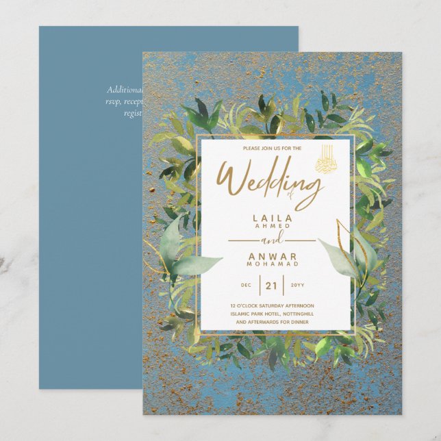 NIKAH - Convites Dourados ao Casamento Islâmico Az (Frente/Verso)