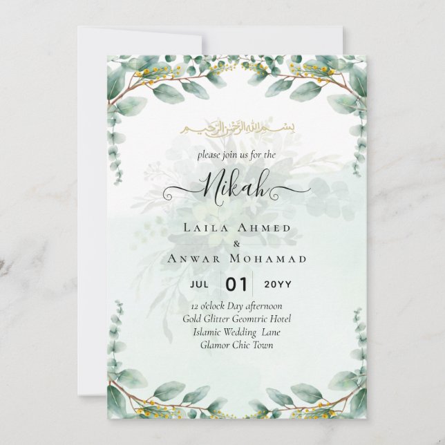 NIKAH Greenery Convites para Casamento Moderno Dou (Frente)