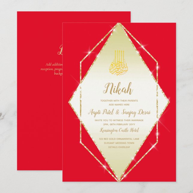 Nikah Red Dourado Motif Convite de casamento (Frente/Verso)