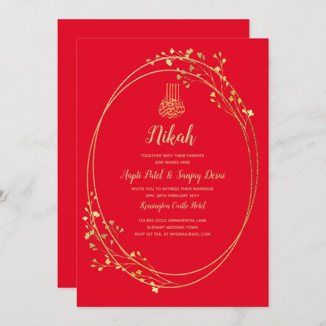 Nikah Red Dourado Motif Convite de casamento (Frente/Verso)