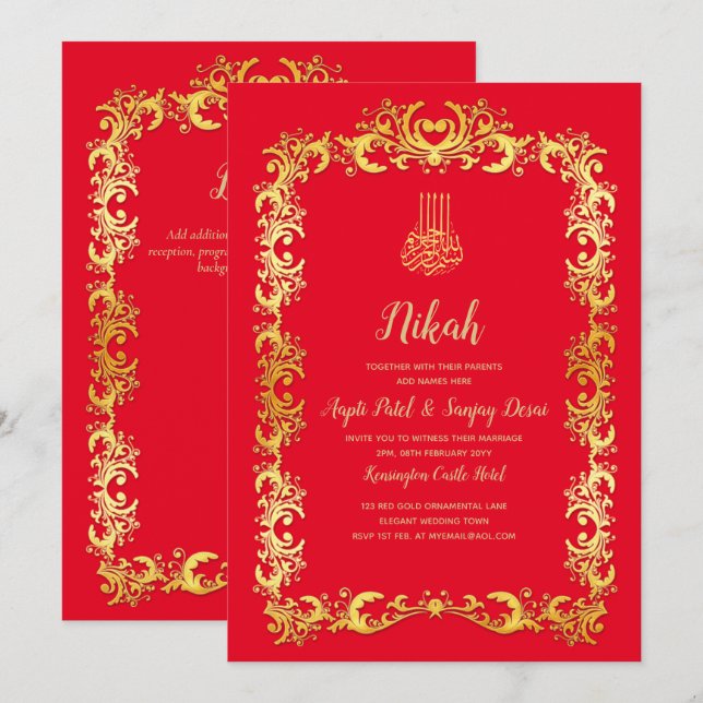 Nikah Red Dourado Motif Convite de casamento (Frente/Verso)