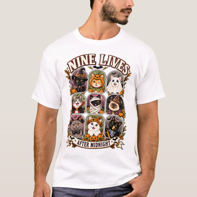 Nine Lives After Midnight Halloween Cats T-Shirt (Frente)
