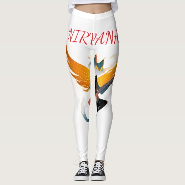 Nirvana Gato com Guitarra & Asas – Leggings Branca (Frente)