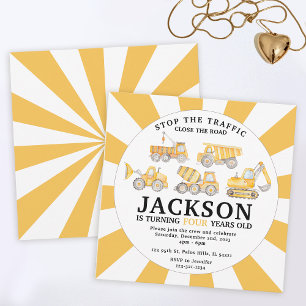 No convite de aniversário de caminhões de construç