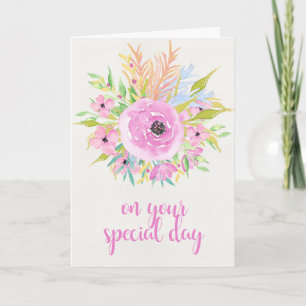 No seu dia especial - Cartão de Flores de Aquarela