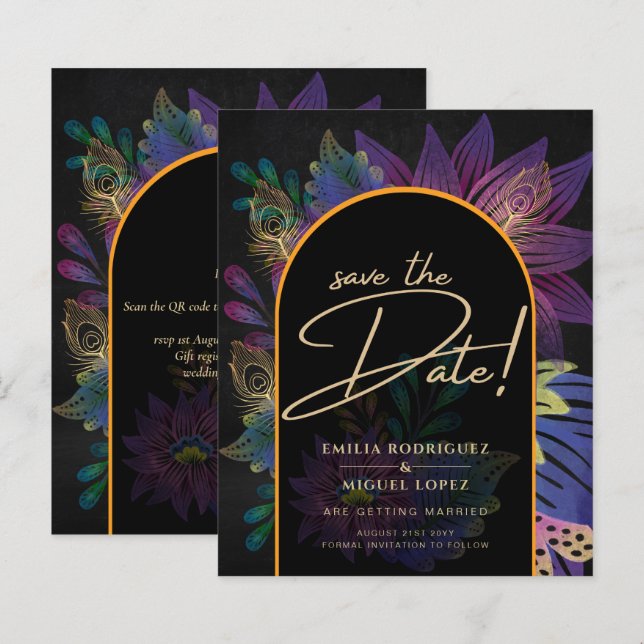 Noir Peacock Jewel Tones Casamento Floral (Frente/Verso)