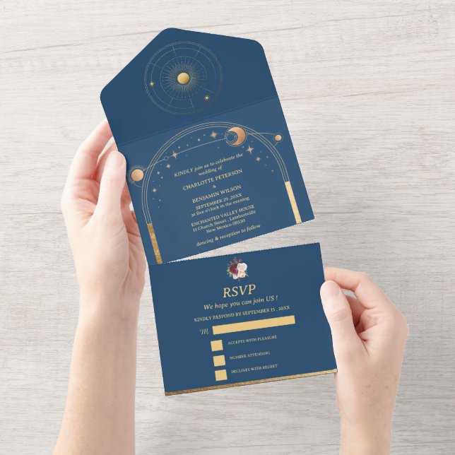 Noite Celestial Floral de Borgonha Casamento (Aba destacável)