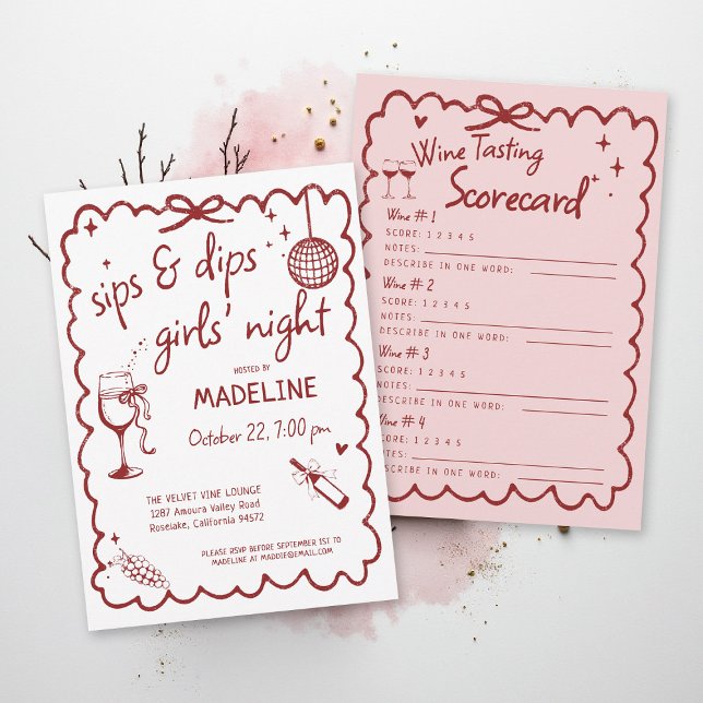 Noite das Meninas da Vinícola Cartão de Pontuação  (winery girls night out invitation wine tasting scorecard red burgundy pink napa sonoma country)
