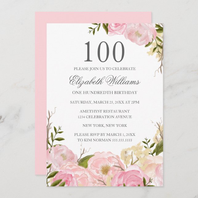 Noite de 100º Convite Floral de Cor de Água Blush  (Frente/Verso)