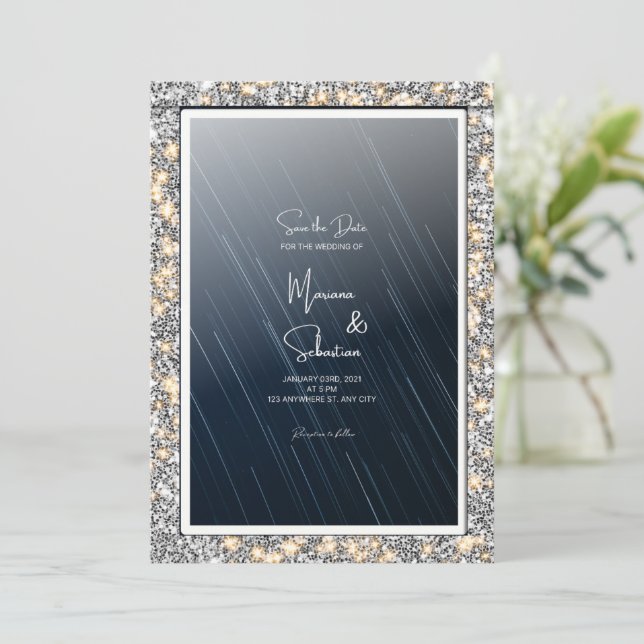 Noite Estrelada cartão de casamento SAVE THE DATE (Em pé/Frente)