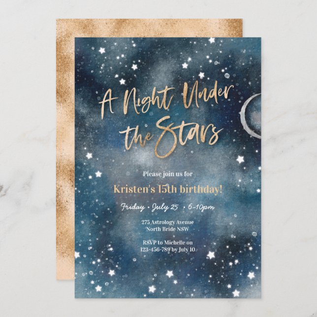 Noite sob as estrelas Dourado Convite (Frente/Verso)