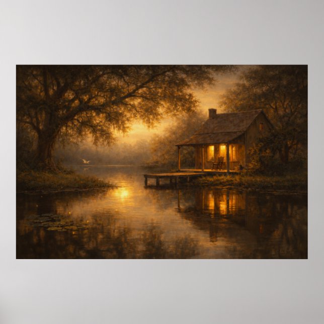 Noite Tranquila | Arte de Cabana no Lago | Poster (Frente)
